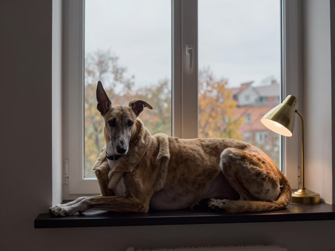 Pharaoh Hound Resting on Warsaw Window Seat in on a window seat in a quiet apartment with soft side light near Warsaw