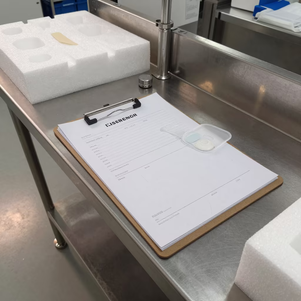Pharma Courier Clipboard Under Refrigerated Dock Light in at a fulfillment packing station in Nakazakicho, Osaka