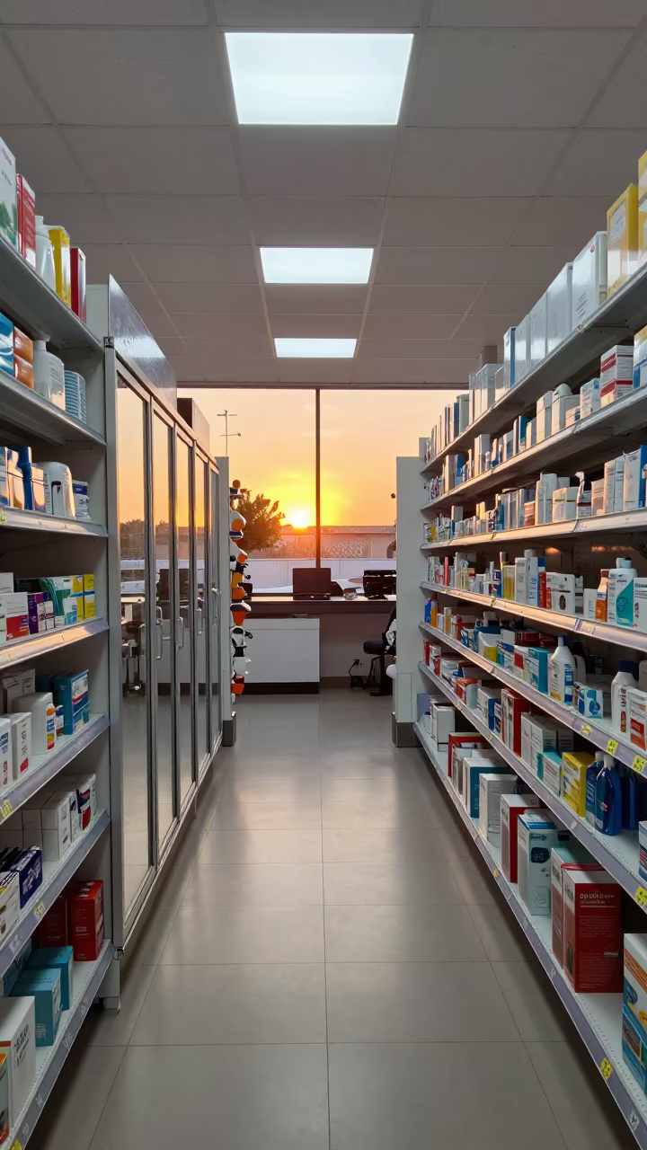 Pharmacy Aisle Amber Light Golden Hour in at a checkout lane under flat store light in Barbacena