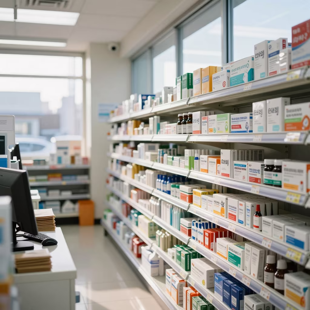 Pharmacy Aisle Cold Remedies Incheon Late Afternoon in at a cash wrap counter with bags stacked nearby in Incheon
