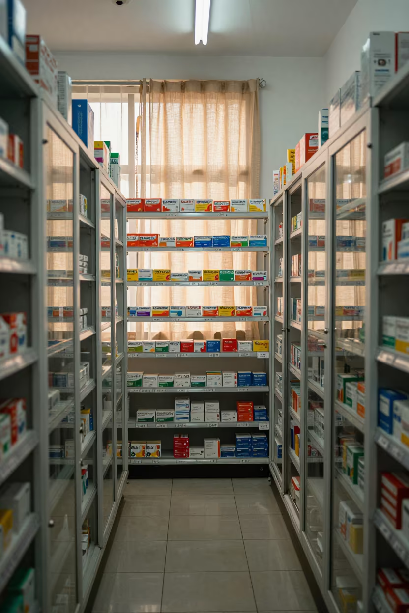 Pharmacy Aisle Dawn Light with Symmetrical Order in inside a fitting room corridor near Rahim Yar Khan