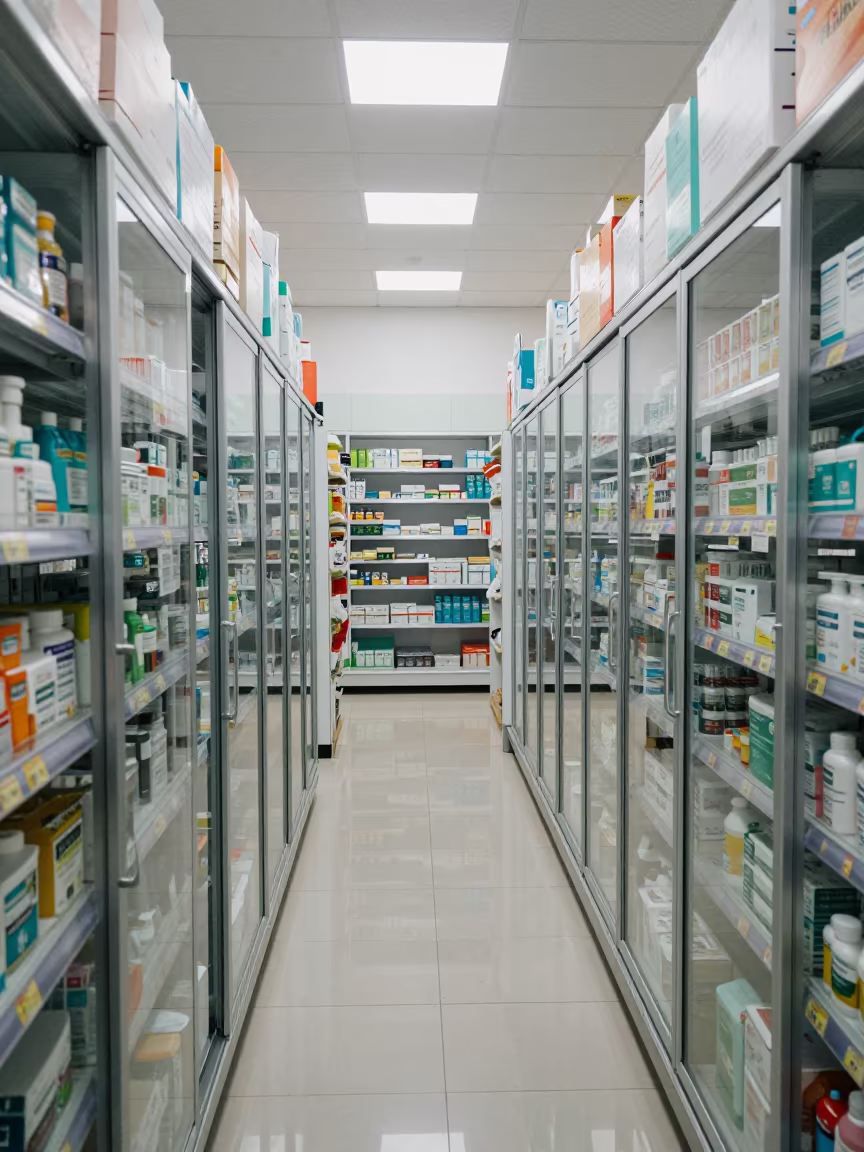 Pharmacy Aisle With Locked Case in Chongqing in inside a fitting room corridor near Chongqing