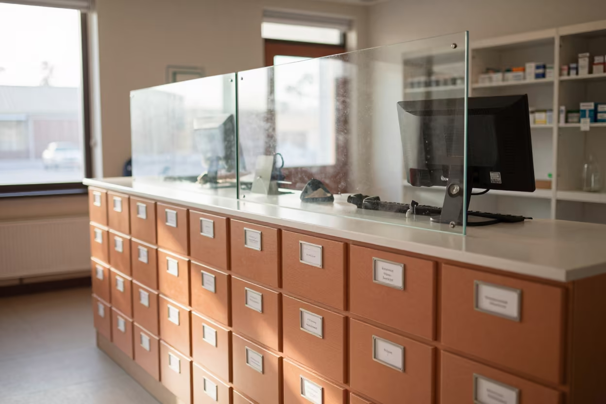 Pharmacy Counter With Plexiglass Screen in inside a rehabilitation gym near San Lorenzo