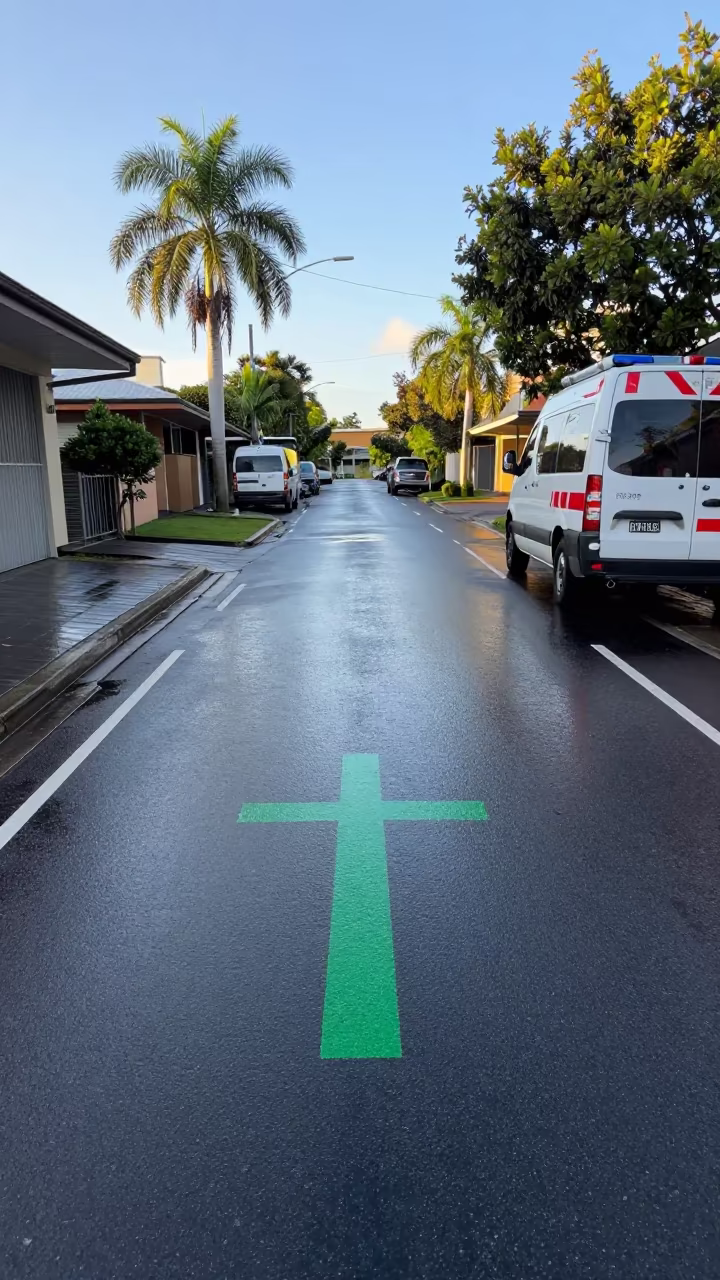 Pharmacy Cross Reflection on Wet Brisbane Pavement in at a curbside ambulance stop in Brisbane