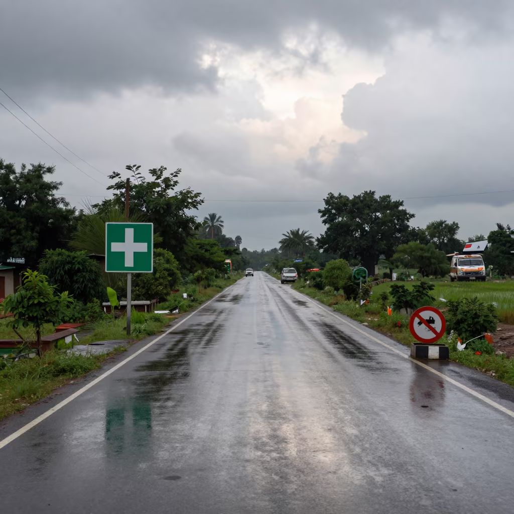 Pharmacy Cross Reflection on Wet Monsoon Pavement in at a curbside ambulance stop in Charsadda