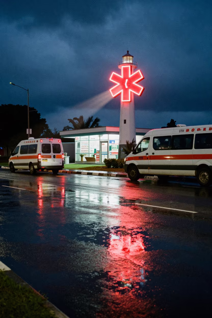 Pharmacy Cross Reflection on Wet Mufulira Pavement in at a curbside ambulance stop in Mufulira