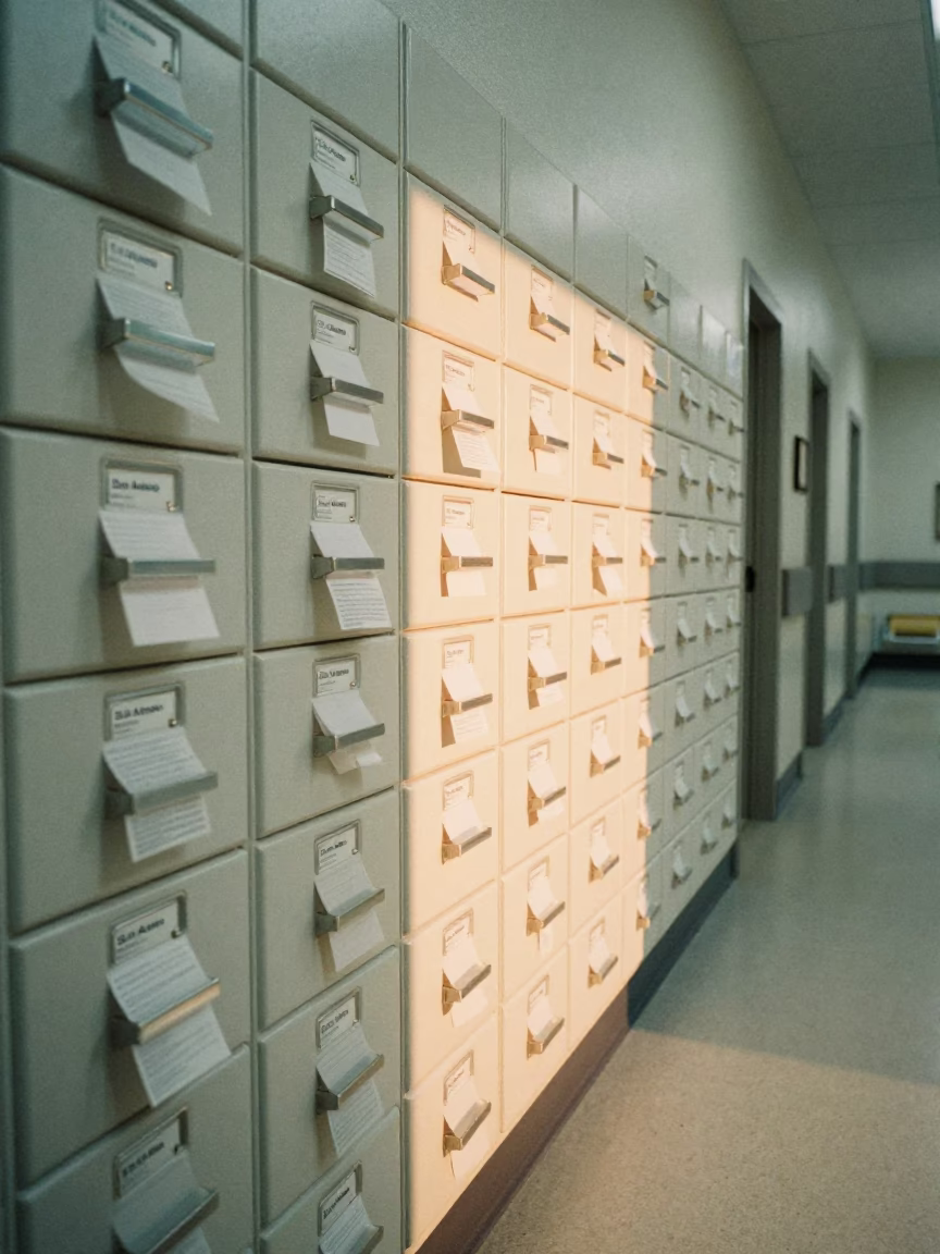 Pharmacy Drawer Wall Dawn Light Corridor in inside a hospital corridor near San Antonio