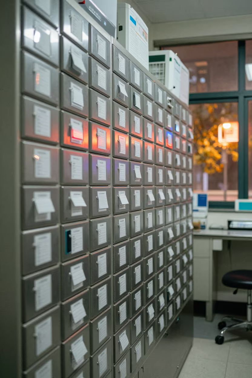 Pharmacy Drawer Wall with Labeled Bins in inside a clinic exam room near Chongqing