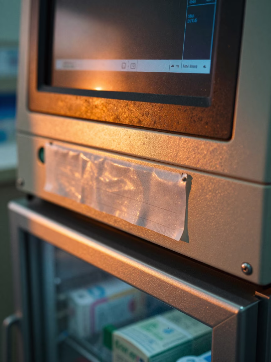 Pharmacy Fridge Seal Tag Rail in Fukuoka Nurse Station in at a nurse station under monitor glow in Fukuoka