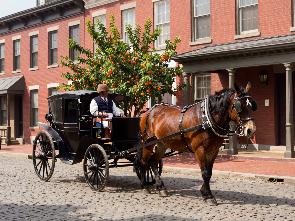 Philadelphia 1950s Street Scene with Horse Carriage and Apricots in in Philadelphia, Pennsylvania, United States