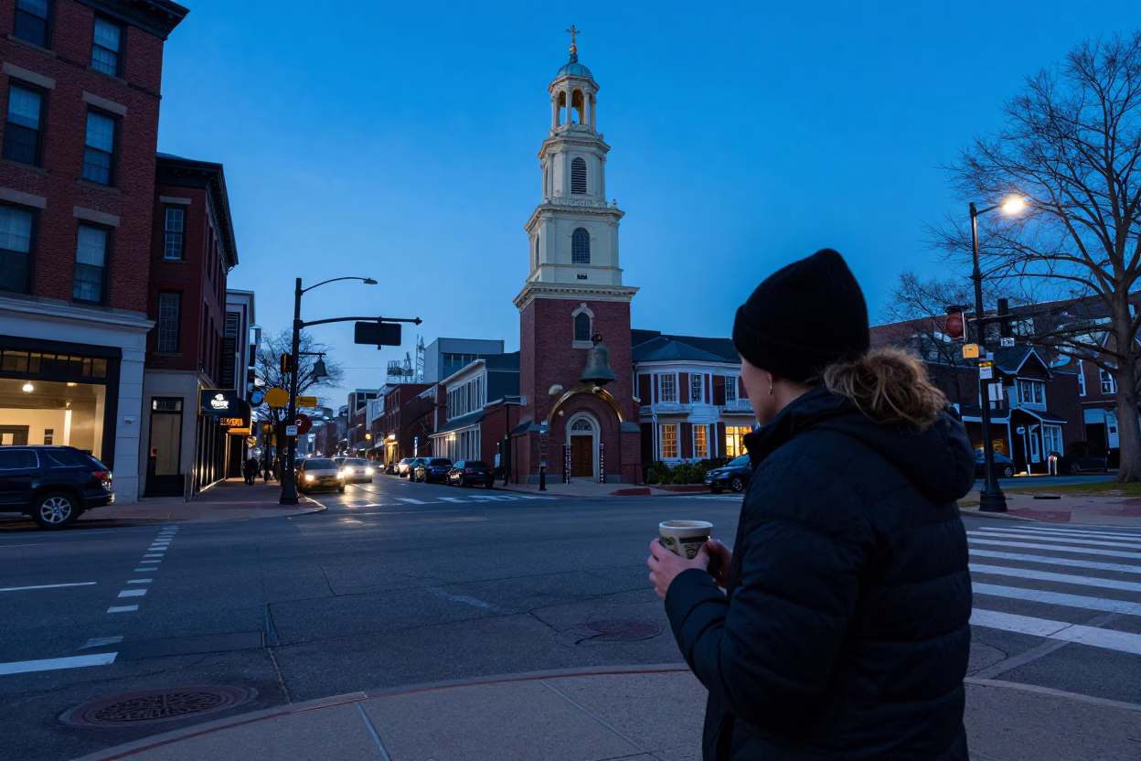 Philadelphia Bell Tower Evening Street Scene with Coffee Mug and Window Reflections in in Philadelphia, Pennsylvania, United States