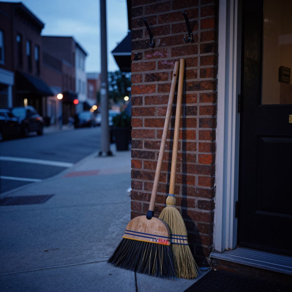 Philadelphia Blue Hour Street Scene with Brooms and Coat Hooks in in Philadelphia, Pennsylvania, United States