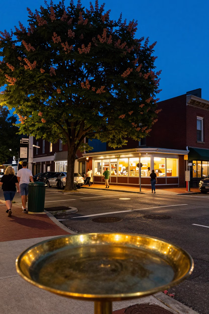 Philadelphia Blue Hour Street Scene with Chestnut Tree and Brass Tray in in Philadelphia, Pennsylvania, United States