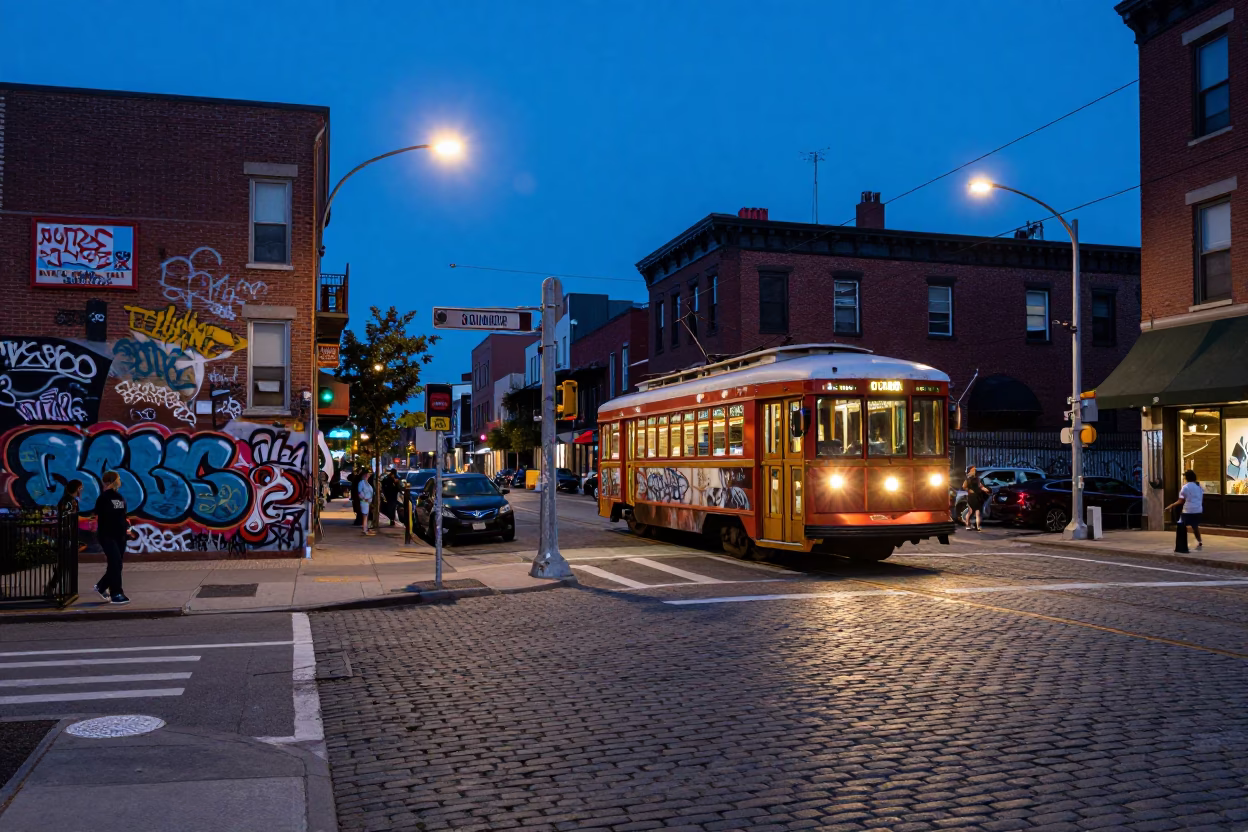 Philadelphia Blue Hour Street Scene with Colorful Graffiti and Urban Details in in Philadelphia, Pennsylvania, United States