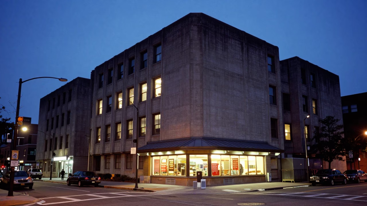 Philadelphia Blue Hour Street Scene with Concrete Brutalist Architecture and Urban Details in in Philadelphia, Pennsylvania, United States