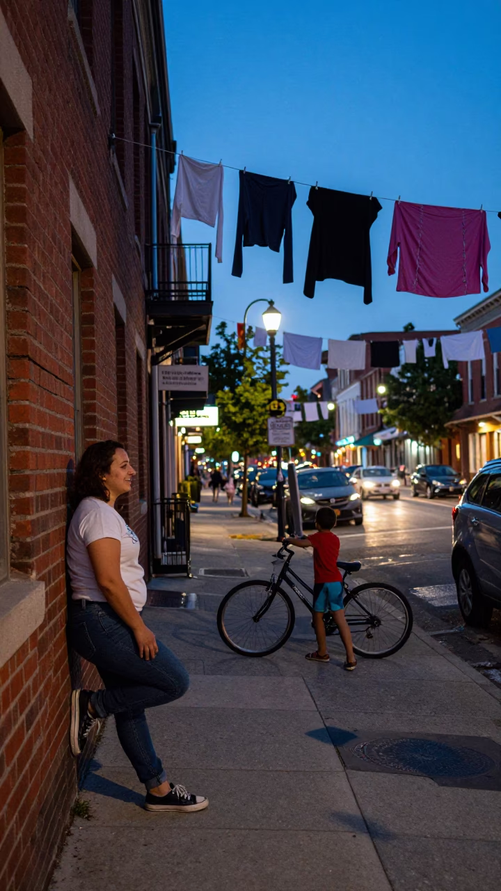 Philadelphia Blue Hour Street Scene with Hanging Laundry and City Lights in in Philadelphia, Pennsylvania, United States