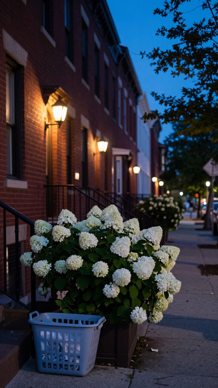Philadelphia Blue Hour Street Scene with Hydrangeas and Laundry Basket in in Philadelphia, Pennsylvania, United States