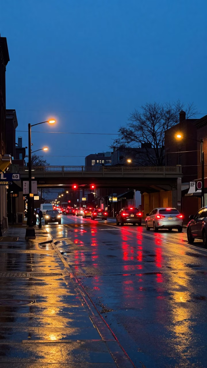 Philadelphia Blue Hour Street Scene with Overpass Taillights and Urban Evening Ambiance in in Philadelphia, Pennsylvania, United States