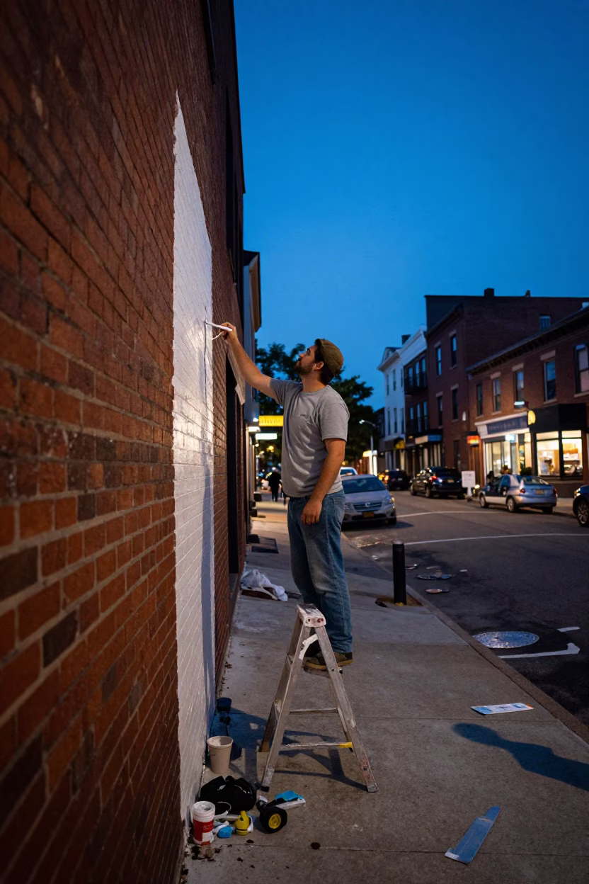 Philadelphia Blue Hour Street Scene with Painter Whitewashing Brick Wall and Peg Rail Details in in Philadelphia, Pennsylvania, United States