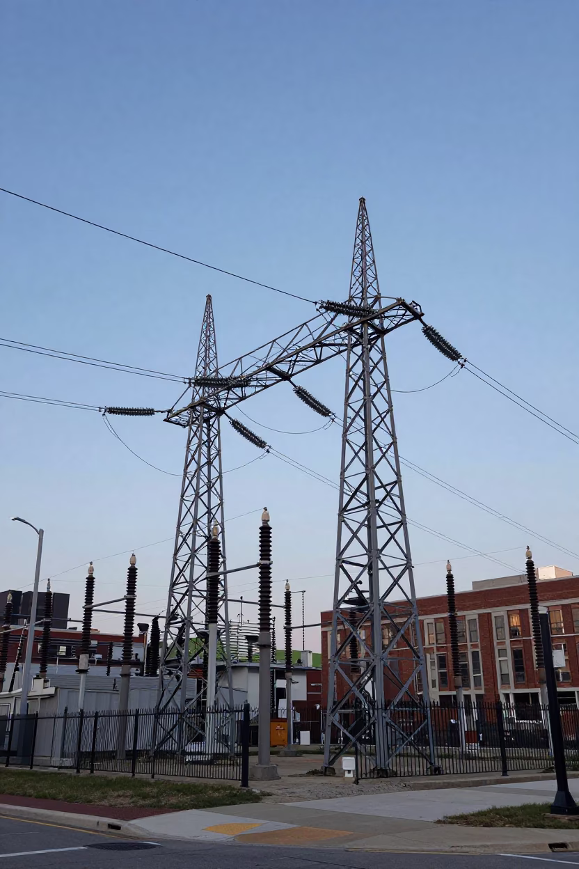 Philadelphia Blue Hour Street Scene with Power Substation Lattice and Urban Twilight Sky in in Philadelphia, Pennsylvania, United States