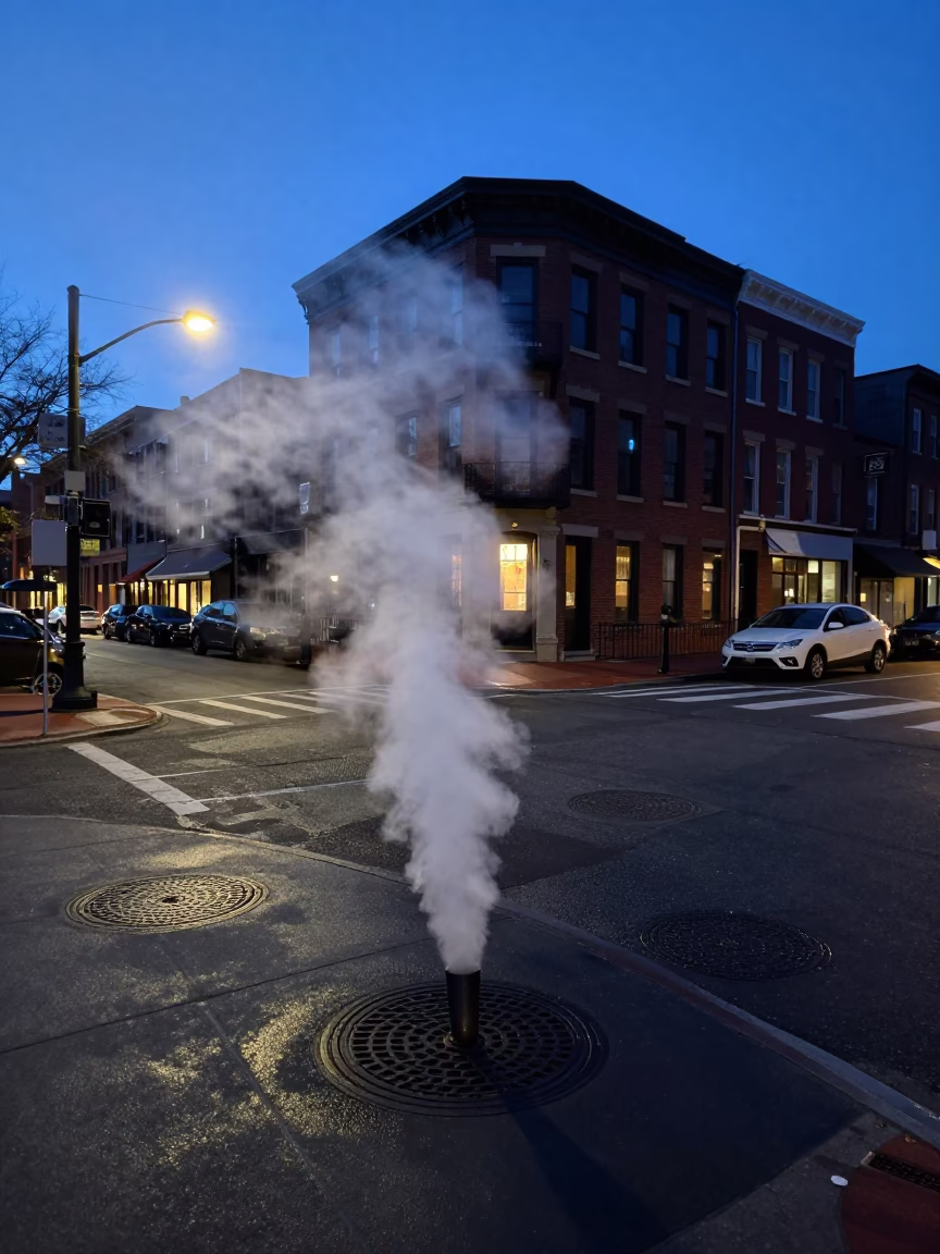 Philadelphia Blue Hour Street Scene with Steam and Urban Architecture in in Philadelphia, Pennsylvania, United States