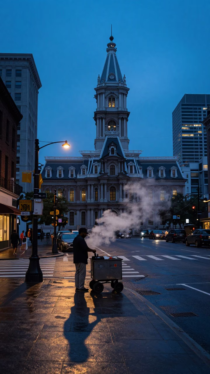 Philadelphia Blue Hour Street Scene with Steam and Urban Life in in Philadelphia, Pennsylvania, United States