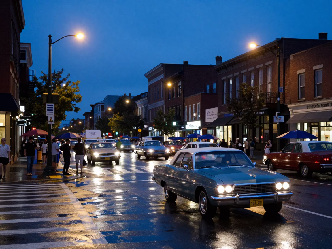 Philadelphia Blue Hour Street Scene with Umbrellas and Vintage Car Rally in in Philadelphia, Pennsylvania, United States