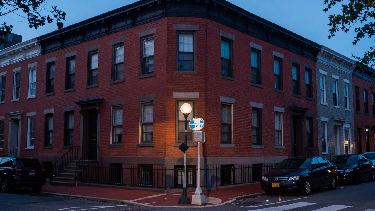 Philadelphia Blue Hour Street Scene with Vintage 1960s Details and Urban Architecture in in Philadelphia, Pennsylvania, United States