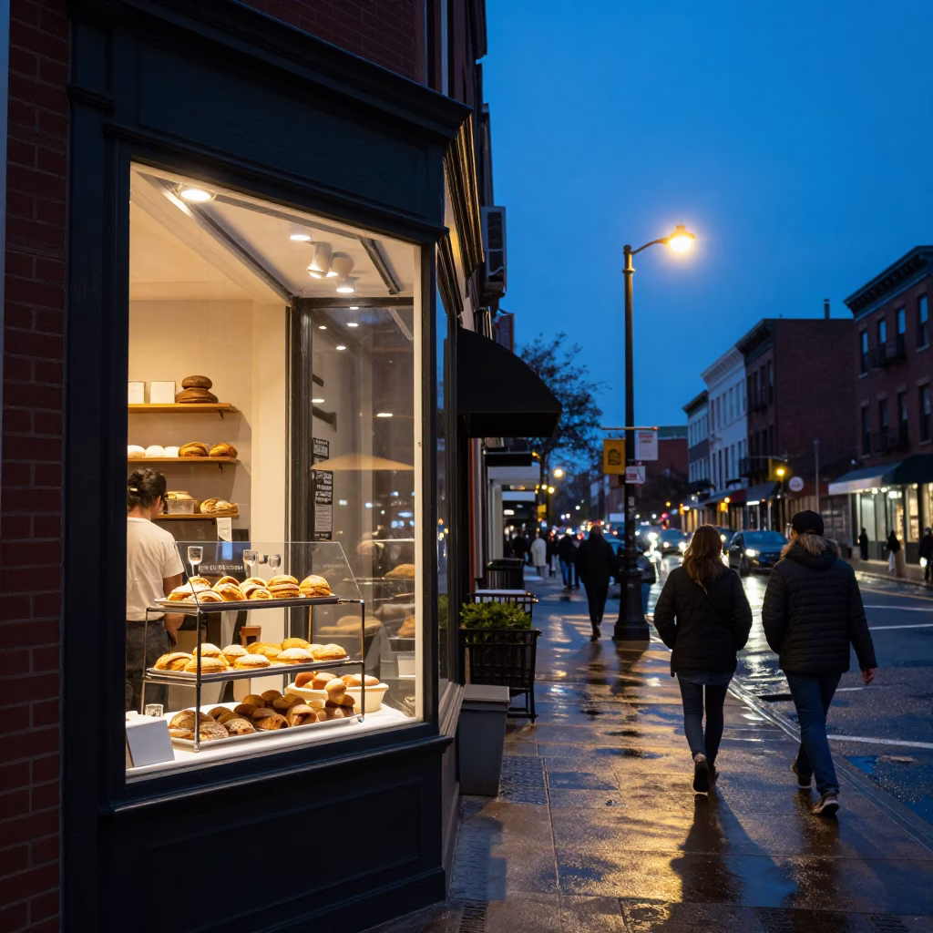 Philadelphia Blue Hour Street Scene with Window Display and Pedestrians in in Philadelphia, Pennsylvania, United States