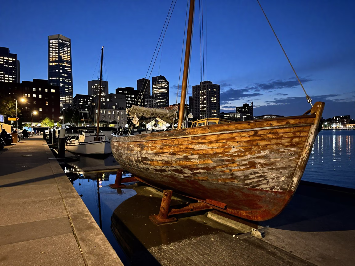 Philadelphia Blue Hour Street Scene with Wooden Sailboat and Harbor Reflections in in Philadelphia, Pennsylvania, United States