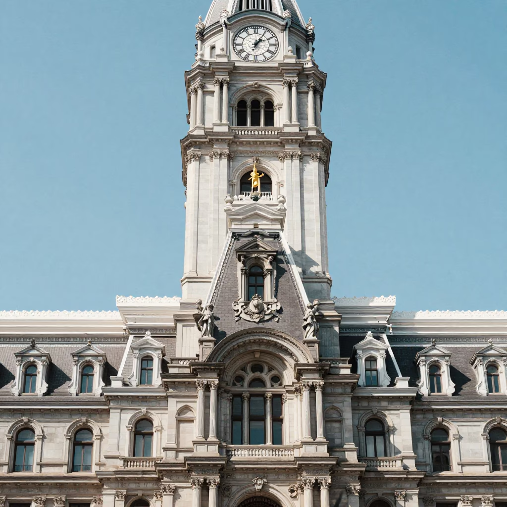 Philadelphia City Hall Clock Tower Under Noon Sun with Urban Street Details in in Philadelphia, Pennsylvania, United States