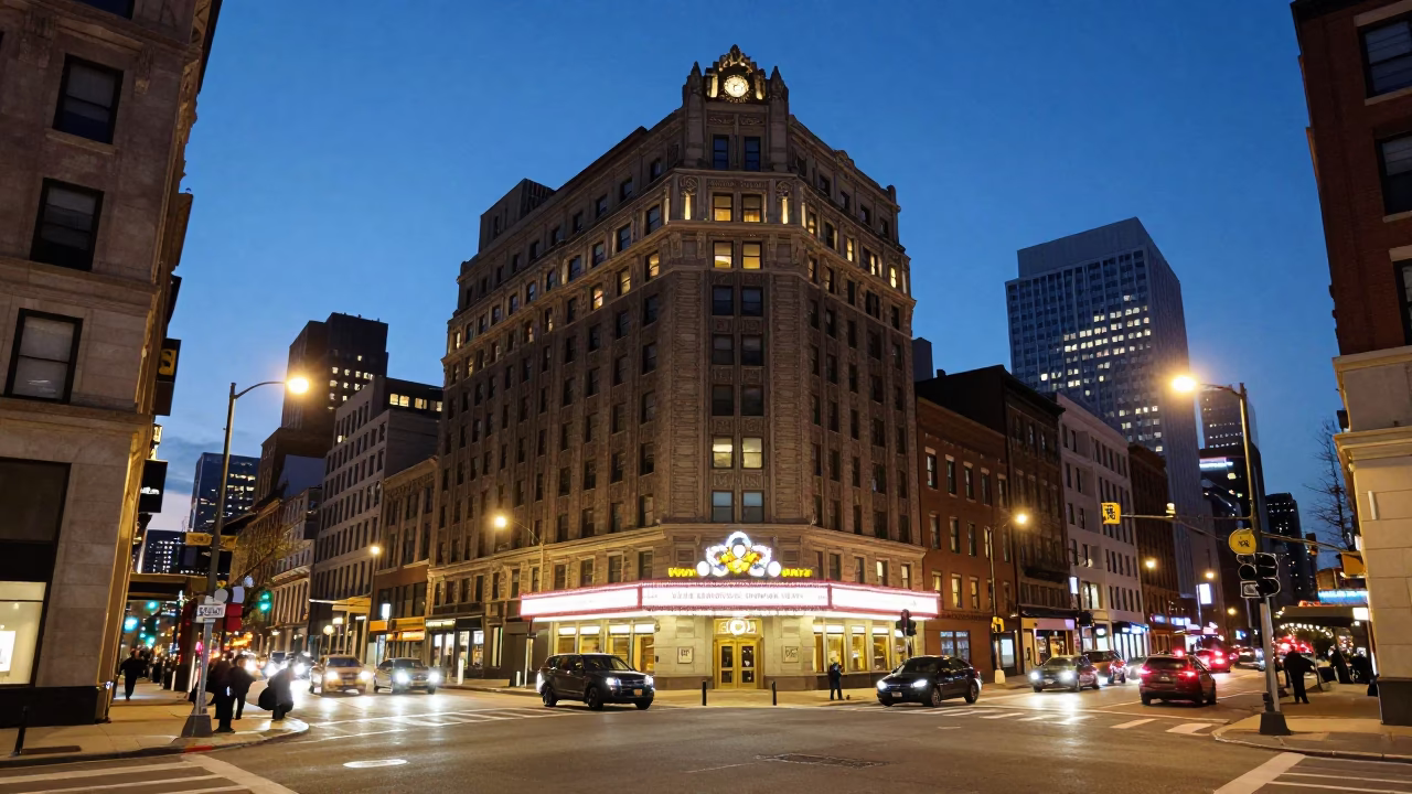 Philadelphia City Lights Glow Over Busy Downtown Street Corner with Art Deco Hotel Facade in in Philadelphia, Pennsylvania, United States