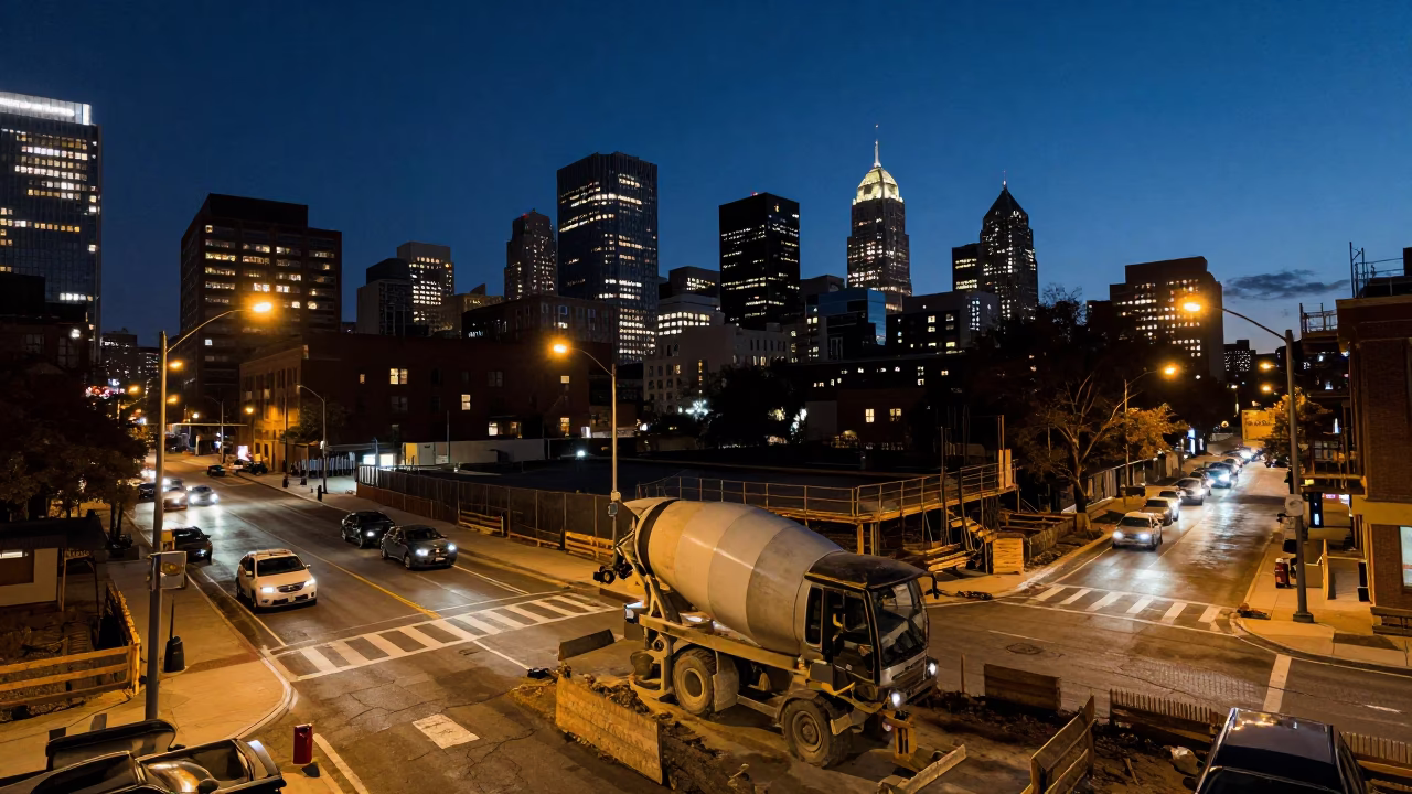 Philadelphia City Lights Glow Over Construction Site and Street Scene at Dusk in in Philadelphia, Pennsylvania, United States