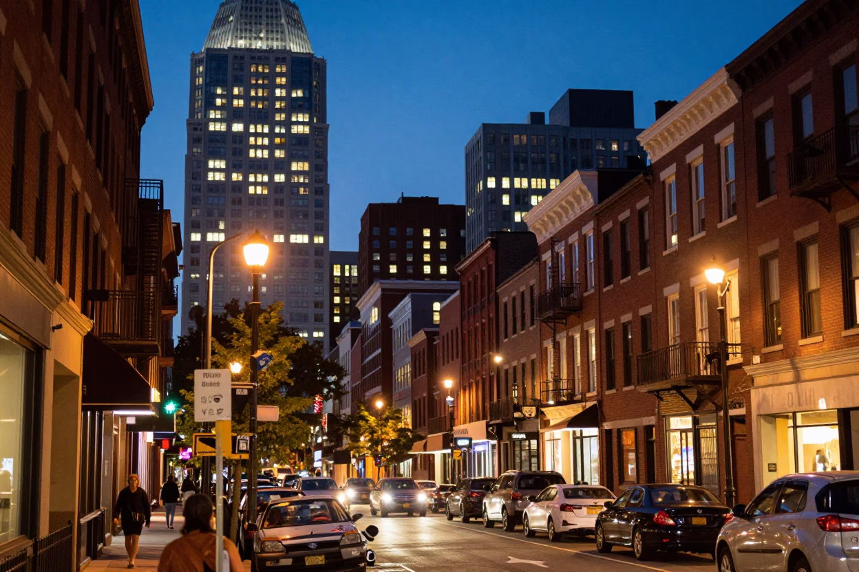 Philadelphia City Lights Glow Over Urban Street Scene with Fingerprinted Window Glass Detail in in Philadelphia, Pennsylvania, United States