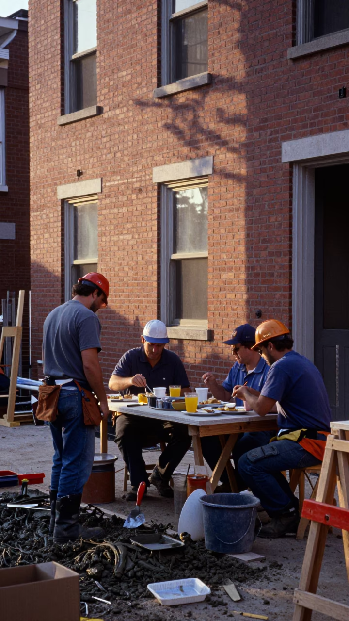 Philadelphia Construction Crew Breakfast Break at Dawn with Mason's Tools and Coffee in in Philadelphia, Pennsylvania, United States