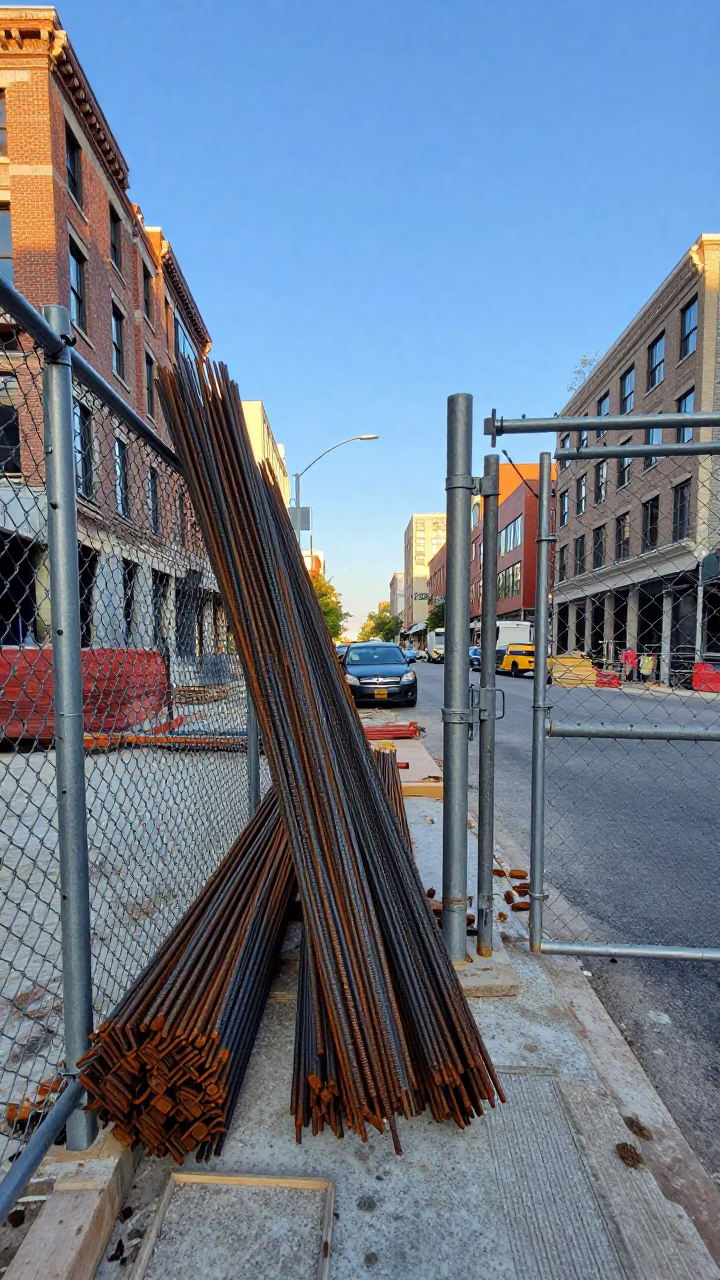 Philadelphia Construction Site Late Afternoon Rebar Bundles and Urban Street Life in in Philadelphia, Pennsylvania, United States