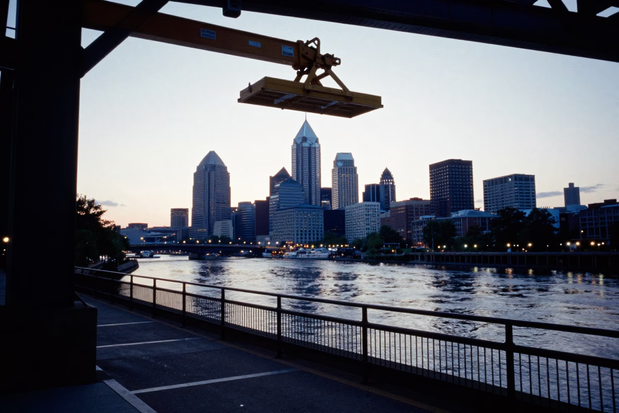 Philadelphia Dawn Street Scene with Maintenance Cradle and Urban Morning Activity in in Philadelphia, Pennsylvania, United States