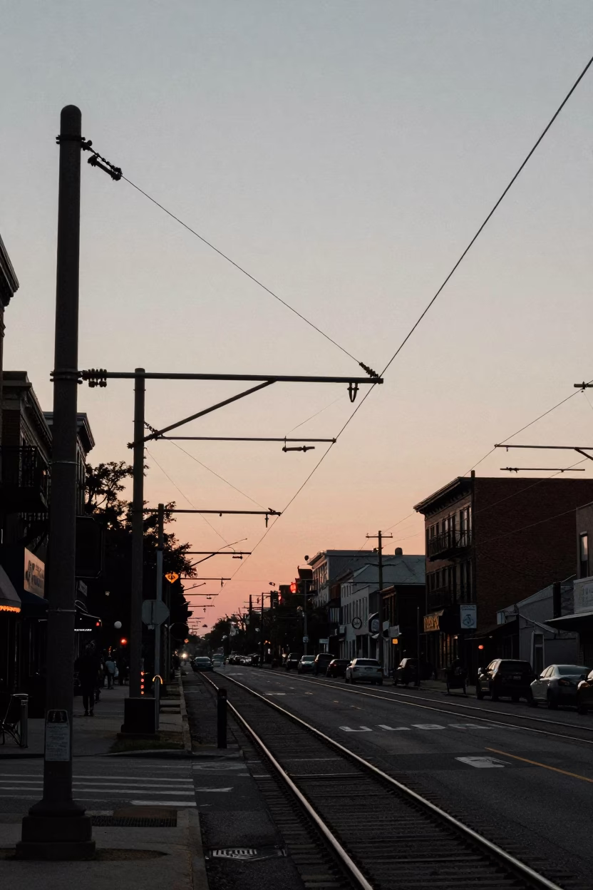 Philadelphia dawn street scene with rail catenary system and industrial fog at first light in in Philadelphia, Pennsylvania, United States