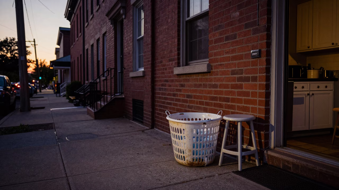 Philadelphia Dusk Street Scene with Laundry Basket and Kitchen Stool on Sidewalk in in Philadelphia, Pennsylvania, United States
