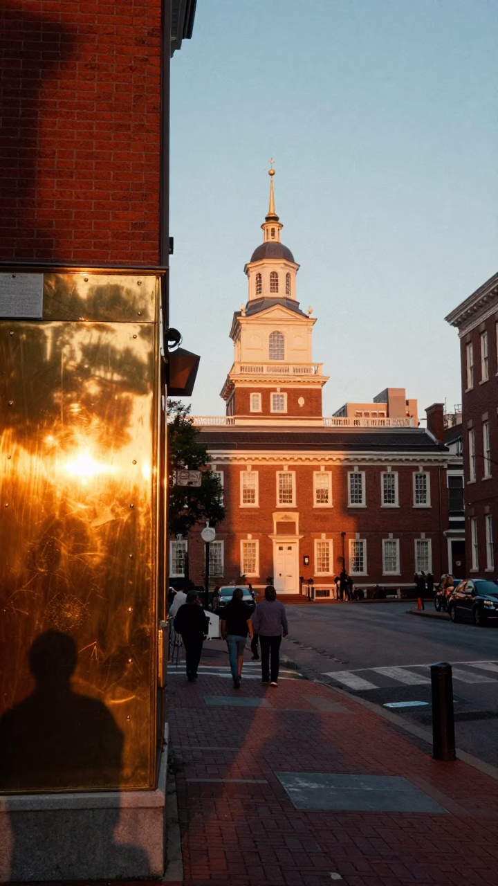 Philadelphia Dusk Street Scene with Polished Brass Wall and Urban Reflections in in Philadelphia, Pennsylvania, United States