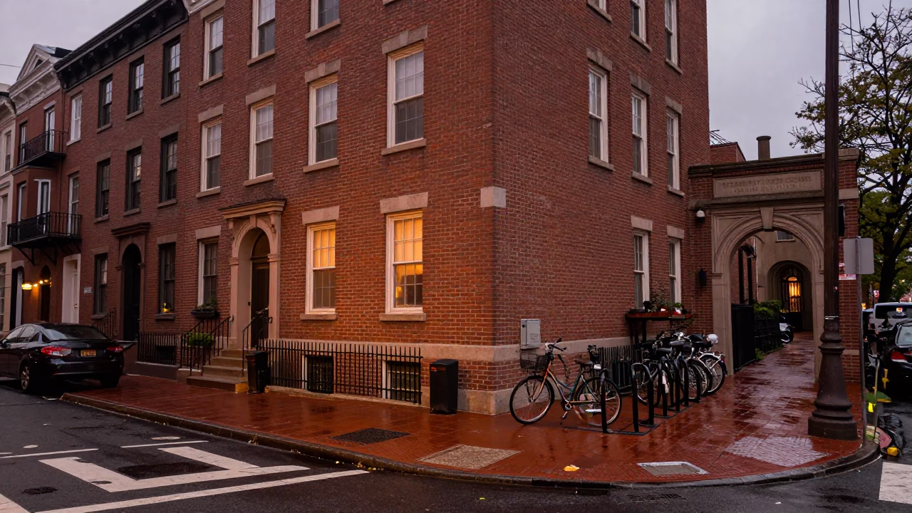 Philadelphia Dusk Street Scene with Sun Hat and University Archway in in Philadelphia, Pennsylvania, United States