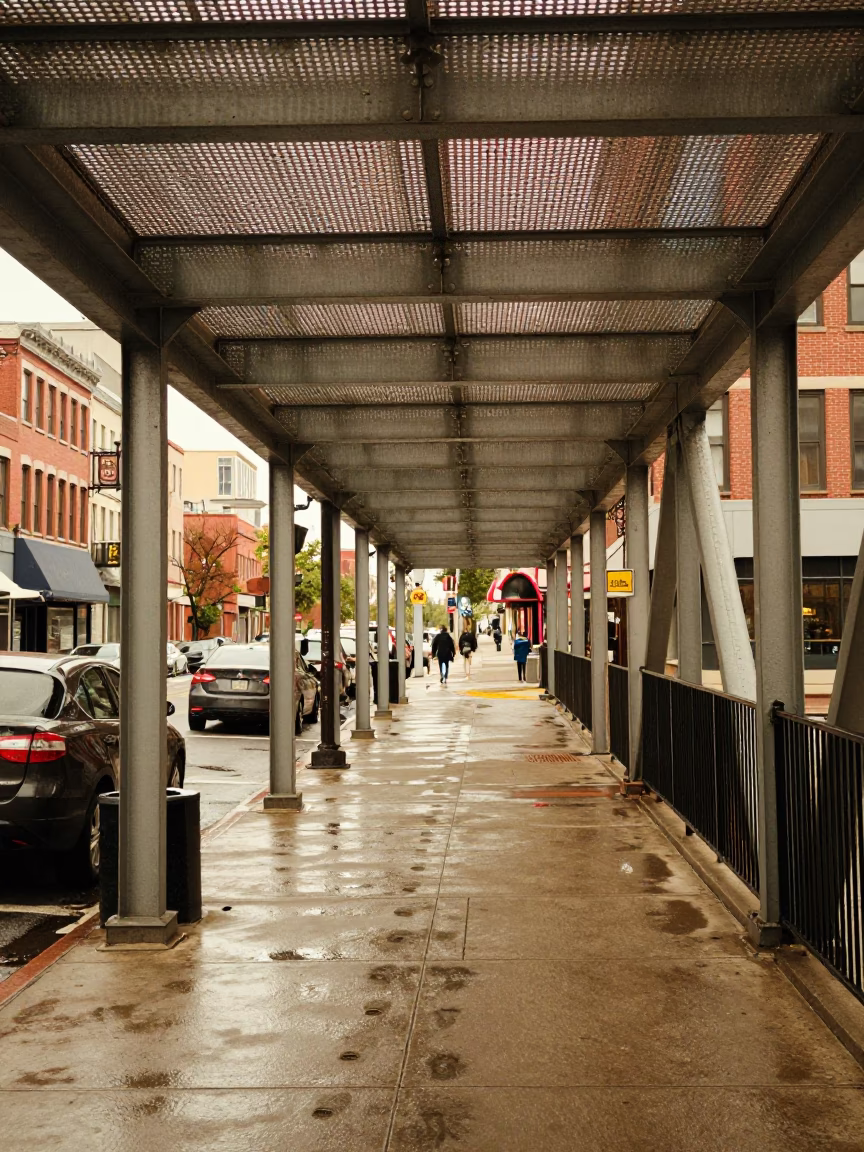 Philadelphia Early Afternoon Street Scene with Perforated Metal Overpass and Wet Footsteps in in Philadelphia, Pennsylvania, United States
