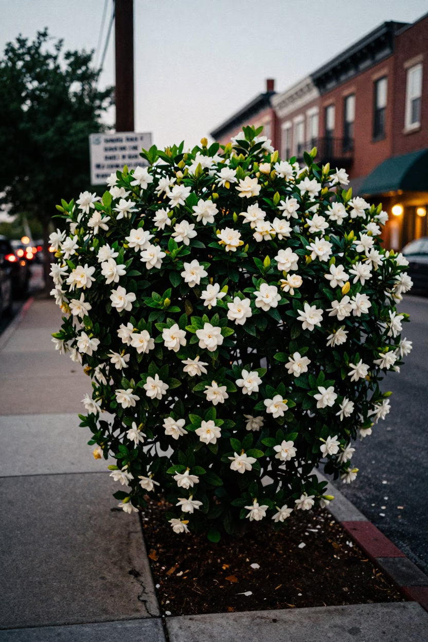 Philadelphia Early Evening Street Scene with Gardenia Bush and Urban Background in in Philadelphia, Pennsylvania, United States