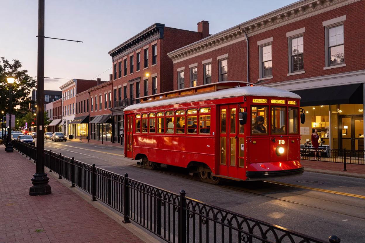 Philadelphia Early Evening Street Scene with Heritage Trolley and Urban Cobblestones in in Philadelphia, Pennsylvania, United States