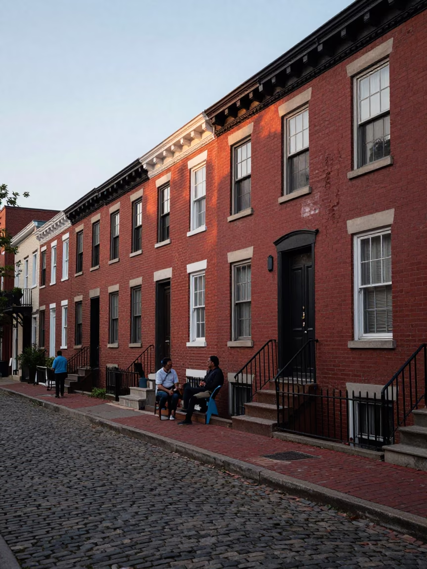 Philadelphia Early Evening Street Scene with Red Brick Row Homes and Cobblestone Sidewalk in in Philadelphia, Pennsylvania, United States