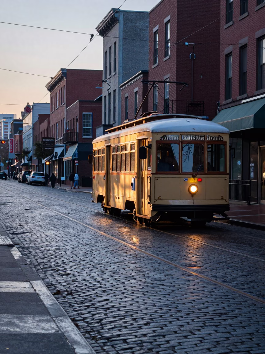 Philadelphia Early Morning Street Scene with Vintage Trolley and Cobblestone Avenue Before Sunrise in in Philadelphia, Pennsylvania, United States