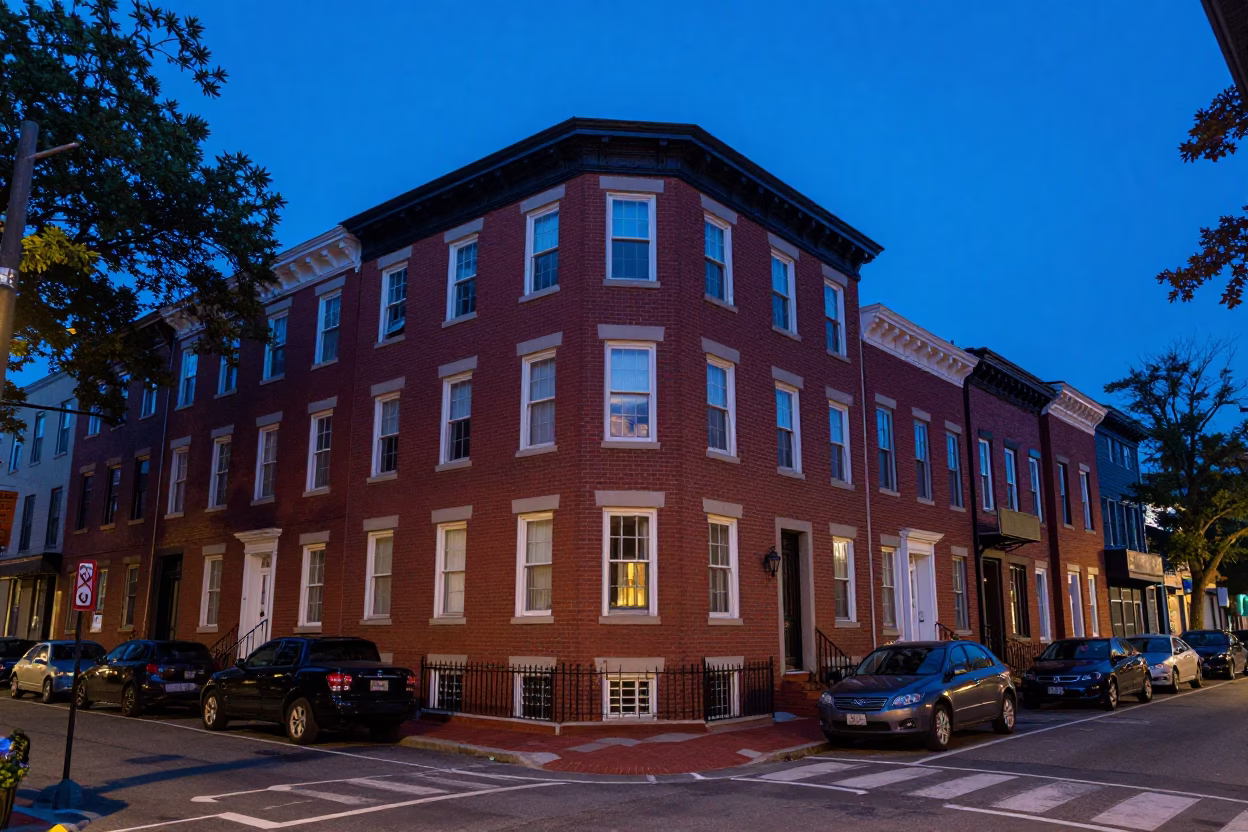 Philadelphia Evening Blue Hour Street Scene with Local Architecture and Urban Life in in Philadelphia, Pennsylvania, United States