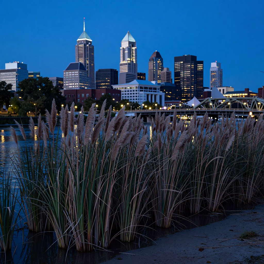 Philadelphia Evening Blue Hour with Papyrus and Canal Pumping Station in in Philadelphia, Pennsylvania, United States