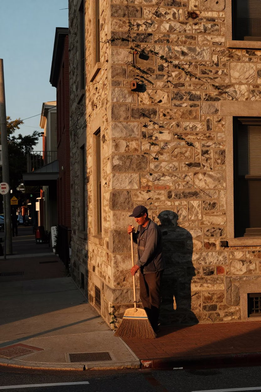 Philadelphia Evening Street Corner with Hand Broom and Local Interaction in in Philadelphia, Pennsylvania, United States