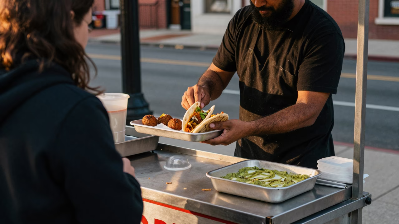 Philadelphia Evening Street Food Vendor Serving Falafel in Pita with Tahini in in Philadelphia, Pennsylvania, United States